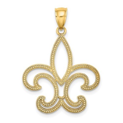 10k Yellow Gold Fleur-de-Lis Pendant Charm with Beaded Detail for Women Faith