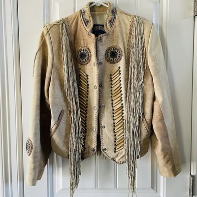 Vintage Tribe America Leathers Western Fringe Warrior Jacket Beaded Bone 6 USA