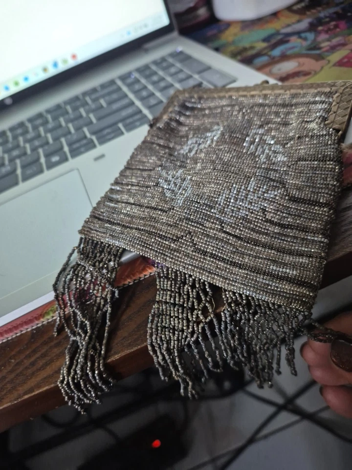 Cartera con cuentas de la década de 1920 con cadena de cierre de metal y bisagras sin marca necesita reparación Foto 3 de 4