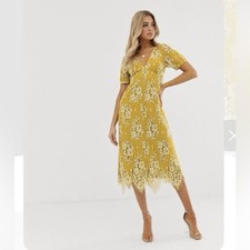 ASOS Mustard Yellow Lace Button Front Midi Dress Size 4