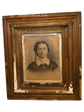 Large Antique 1800's Oak Wood Ornate Carved Picture Frame Woman Portrait 34 X 30