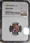 NGC MS-65 BN 1909 Indian Head Cent, Beautifully Toned Gem w/ Hints of Red!