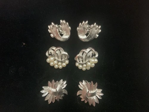 Crown Trifari Earrings Lot 3 Silver Tone Signed Clip On VTG Jewelry