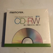 NEW Memorex 5 Pack High Speed Blank CD-RW 12x 700MB 80 Minutes with Cases Sealed