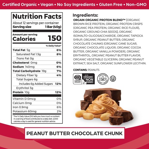 Orgain Organic Vegan Protein Bars Peanut Butter Chocolate Chunk - 10g Plant B... - Picture 2 of 7