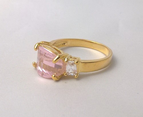 G-Filled Womens 18k yellow gold simulated diamond pink sapphire ring bling curve - Picture 3 of 8