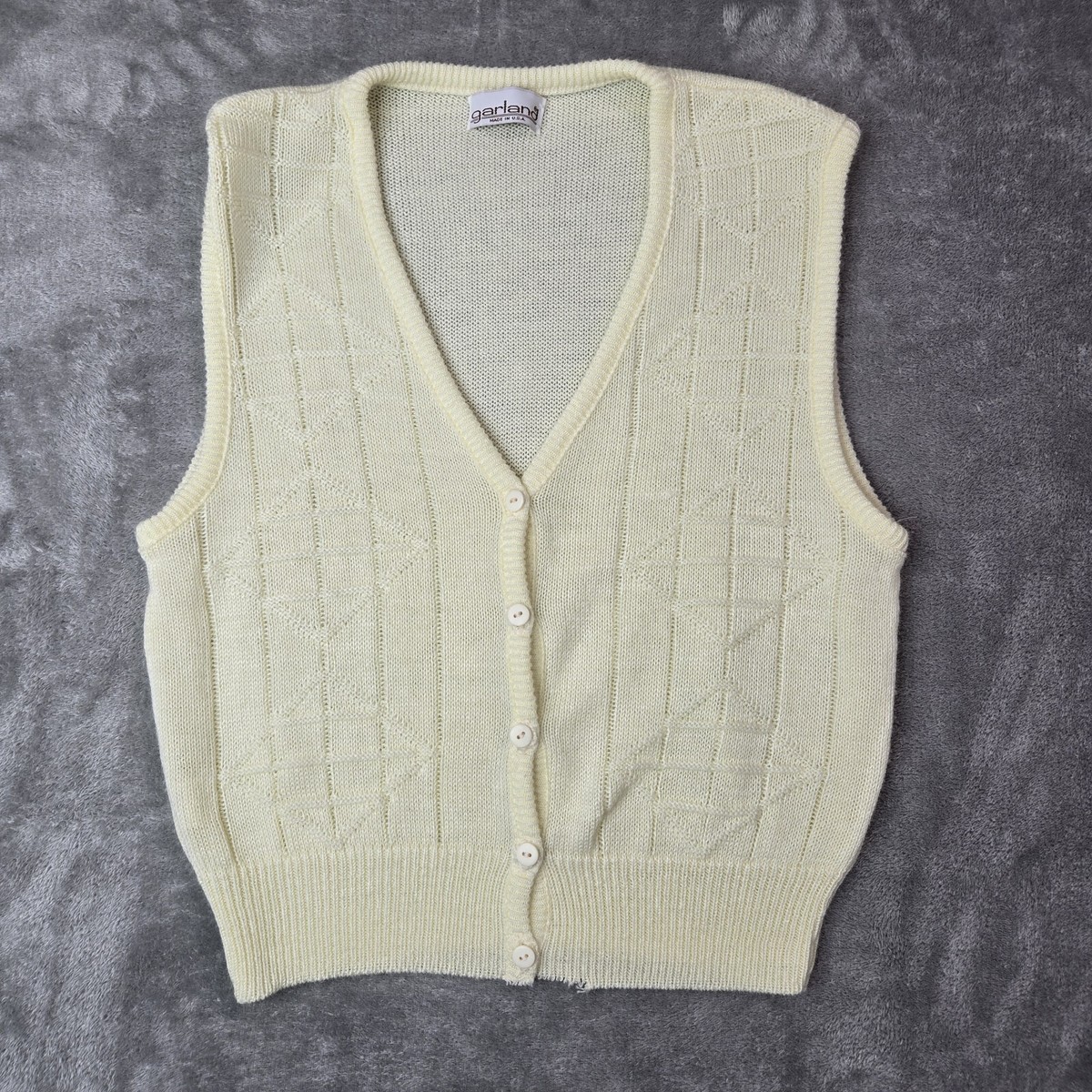 Vtg Garland 70s 80s Knit Granny Sweater Vest Ivory Button Up Sz 