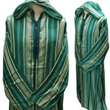 Cotton Men's Moroccan Hooded Long Sleeve Green/Gold Striped Thobe Jubba