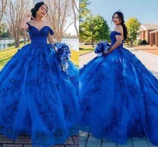 Royal Blue Quinceanera Dresses Ball Gown 3D Flowers Beaded Off Shoulder Sweet 16