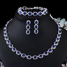 Silver Plated Cubic Zircon Necklace Earrings Bracelet Bridal Pageant Jewelry Set