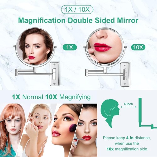 Wall-Mounted Double-Sided 8" Makeup Mirror With 10X Magnification & 360° Rotatio - Picture 2 of 7