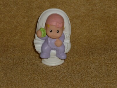 Fisher Price Little People Baby Girl in White Car Seat Chair Purple Outfit