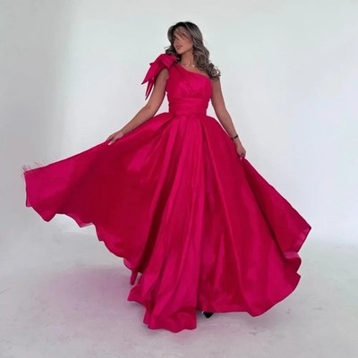 Fuchsia Evening Dresses One Shoulder Ball Gown Bubble Skirts Fold Sleeveless