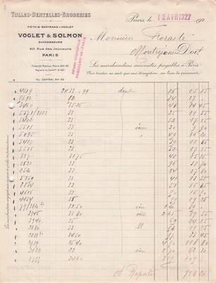 75 PARIS Spitze VOGLET SOLMON 1927 Rechnung