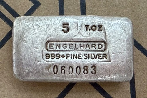 Vintage 5-OZ Engelhard .999 Fine Silver Bar