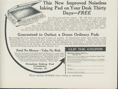 1913  Noiseless Inking Pad Free Trial Offer Outlast Dozen Others Ad SY1