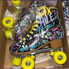 Black Cosmic Graffiti Roller Skates PU vegan leather, wheels 58mm Womens Size 6