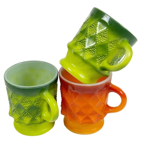 Anchor Hocking Fire King Green Orange Kimberly Mugs Ombre Diamond Design MCM x3