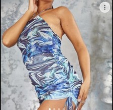 Pretty little thing blue abstract print halterneck dress size 10