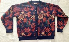 Winona Knits Vintage Cardigan Sweater Navy Blue Autumn Leaf Pattern Made in USA