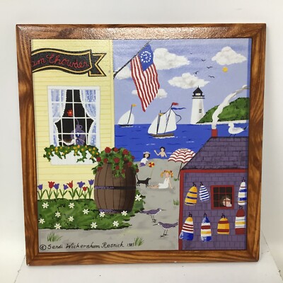 Sandi Wickersham Resnick 1985 Hand Painted 8'' Tile 4th of July Ocean Scene 1776