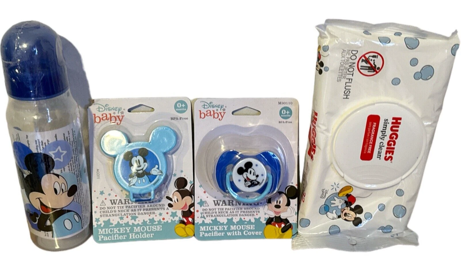 Disney Mickey Mouse Baby Bottle Set 4Pc Bottle Wipes Pacifier & Holder