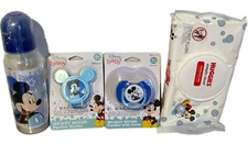 Disney Mickey Mouse Baby Bottle Set 4Pc Bottle Wipes Pacifier & Holder 