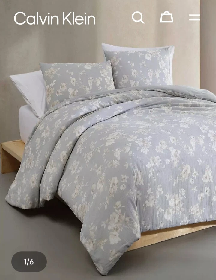 罕见! Calvin Klein 永恒蓝色/灰色花卉国王被套 + 2 King Shams! 全新带标签! 😍 — 第 2/4 张图片