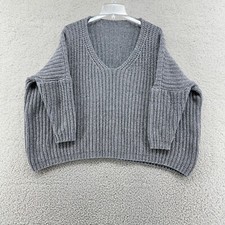 Gray Chunky Knit Oversized Vneck Sweater Dolman Sleeve Warm S/M