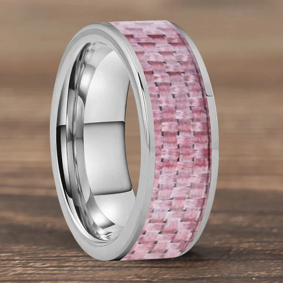 Banda de anillo de carburo de tungsteno con incrustación de fibra de carbono rosa de 8 mm para mujer ajuste cómodo Foto 3 de 4