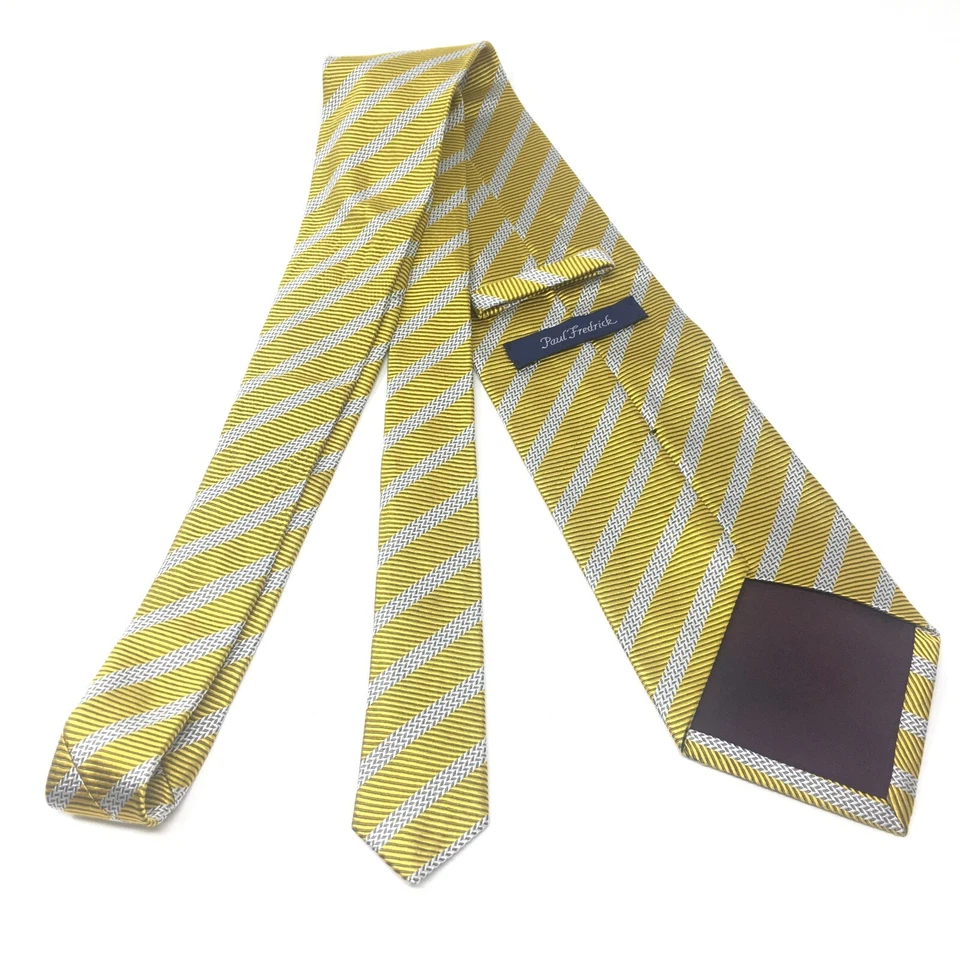 Corbata clásica Paul Fredrick dorada a rayas blancas 100 % seda italiana hecha a mano EE. UU. Foto 3 de 4