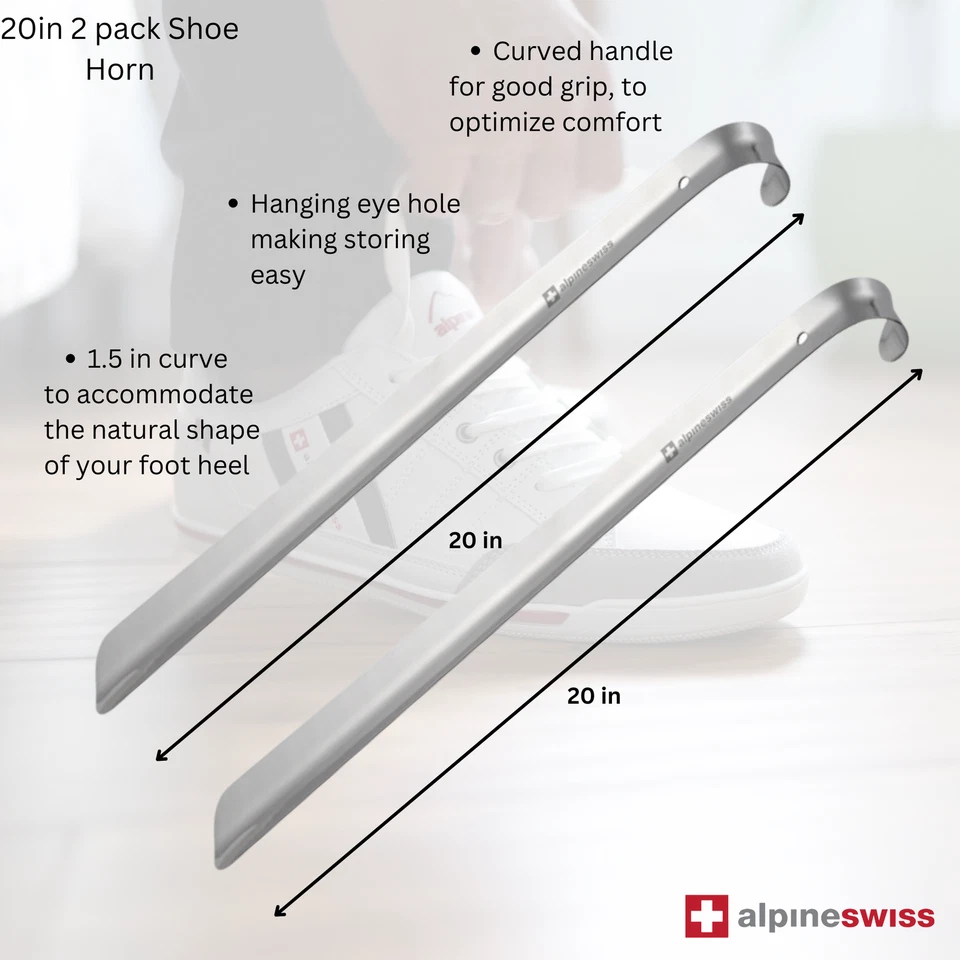 Alpine Swiss Metal Shoe Horn Long Handle 20” or 16” Shoe Helper Steel Shoehorn - Image 3 of 4