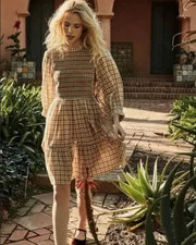 Doen Leda Dress Austin Plaid Printed Smocked Ruffle Quarter Sleeve Mini New S