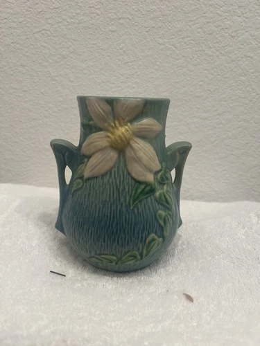Vintage Roseville Pottery Magnolia Vase Blue Matte Double Handle USA