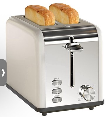 Stainless Steel 2-Slice Wide Slot Toaster, 6 Settings, White, Crumb Tray