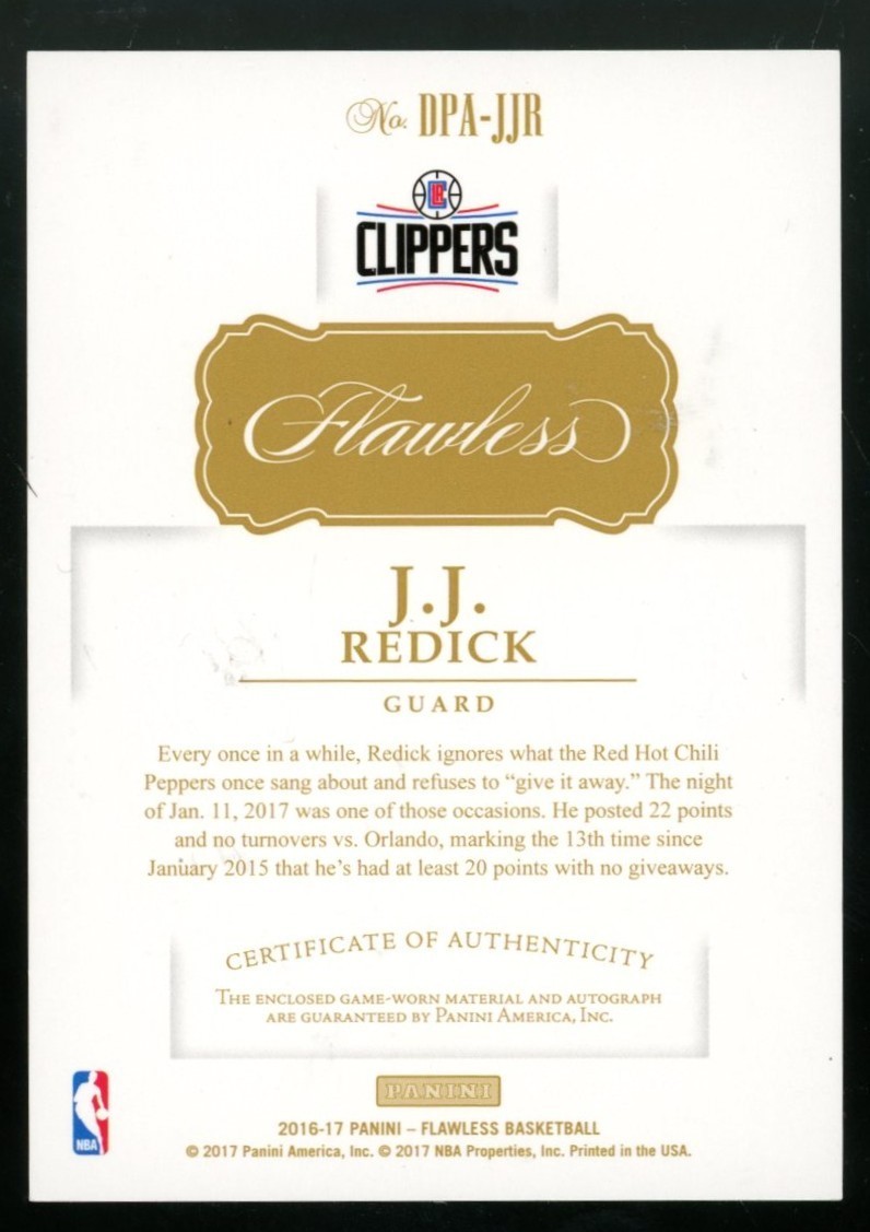 2016-17 Panini Flawless JJ Redick Dual Game Used Auto Patch /14 LA Clippers NBA view 3