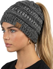 Ponytail Beanie for Women - Winter Hat Soft Stretch Cable Knit High Pony Tail Wo