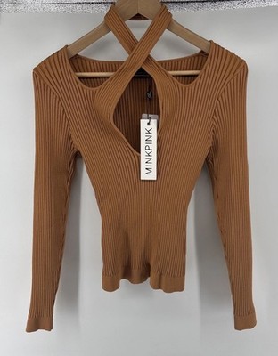 MINKPINK Gianna Knit Long Sleeve Top L Beige Criss Cross Neck Sweater NWT