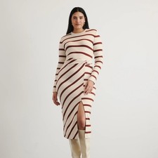 Tanya Taylor Cody Striped Twist Front Midi Bodycon Dress Cream Brown L