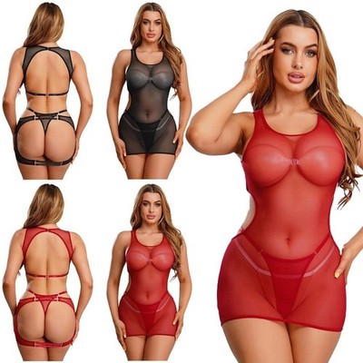 DE Damen Sexy Stripper-Outfit Bodycon Mesh-Minikleid Dating-Nachtwäsche Dessous