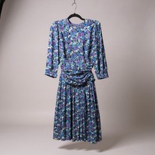 Vintage Floral Print Pleated Midi Dress Women's Long Sleeve Ruched Waist
