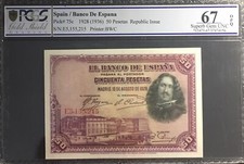 PCGS 67 Spain Banco De España 50 Pesetas 1928 Pick 75c Very Rare Vds
