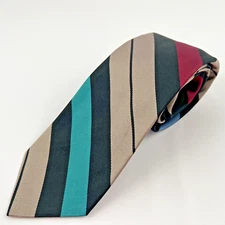 ROBERT TALBOTT Repp Silk Tie Striped Beige Teal Red Navy Hand Sewn USA England