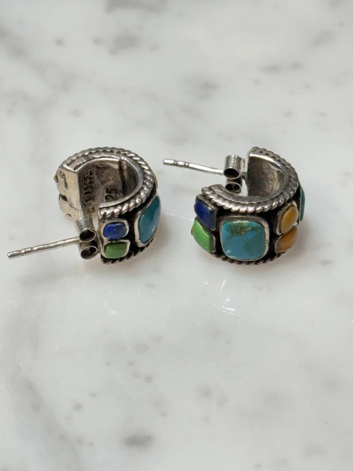 BARSE Sterling Silver 925 Multi Gem Turquoise Coral Lapis Half hoop Earrings - Image 4 of 4