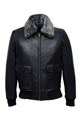 Herren G1 SCHWARZ Fellkragen Flieger Top Gun Bomber Pilot Rindsleder Lederjacke