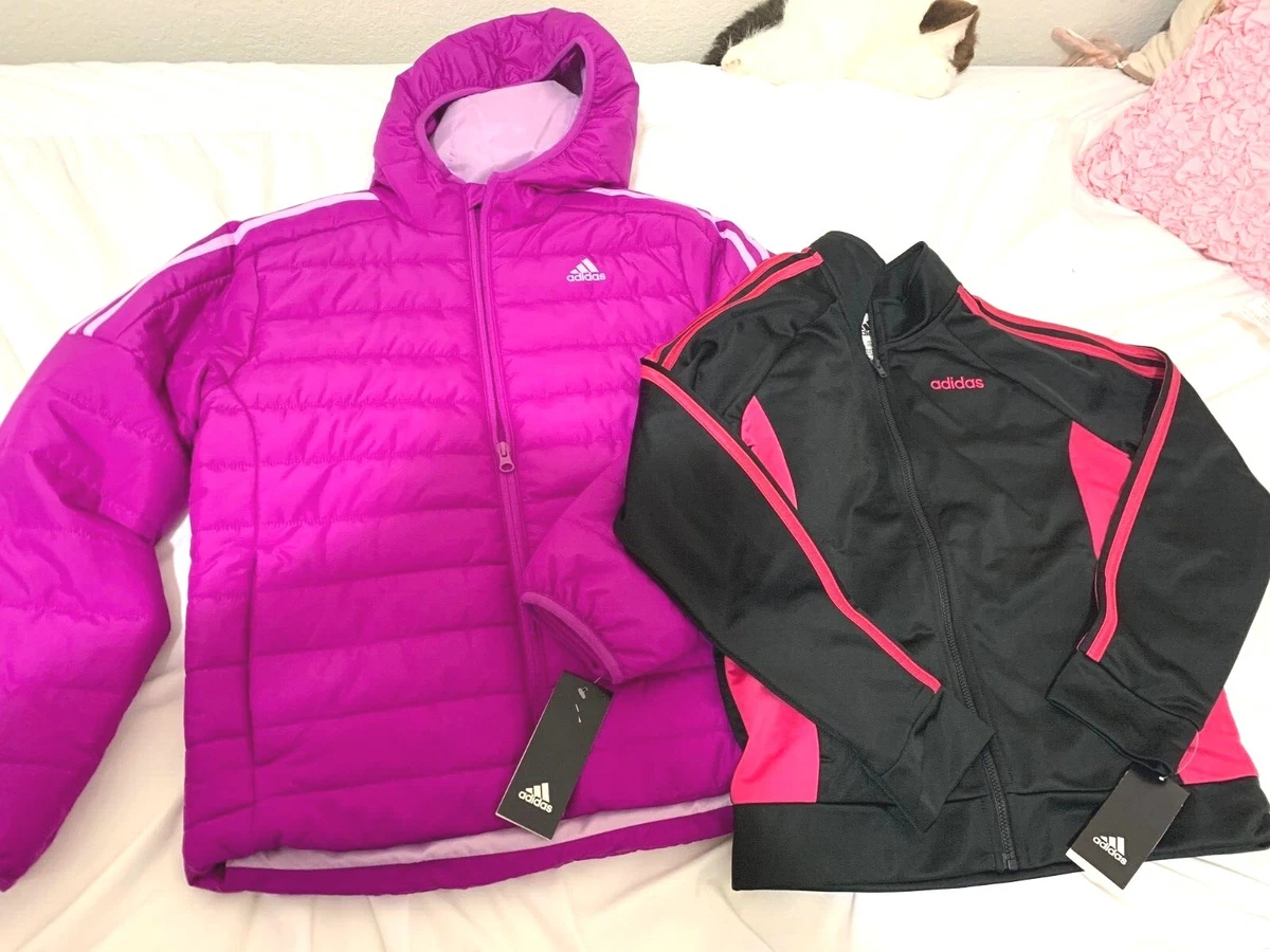 adidas Girls Puffer Fushia Jacket Large 14 w Track Jacket L bundle NWT