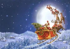 LPG Greetings Santa Sleigh and Reindeer Flying in Moonlit Sky Christmas Card