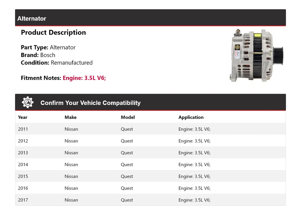 For 2011-2017 Nissan Quest 3.5L V6 Bosch Alternator (Remanufactured) 2012 2013 - Image 2 of 4