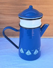 Ancienne Cafetière En Tôle Emaillée Bleu Décor Voiliers Vintage