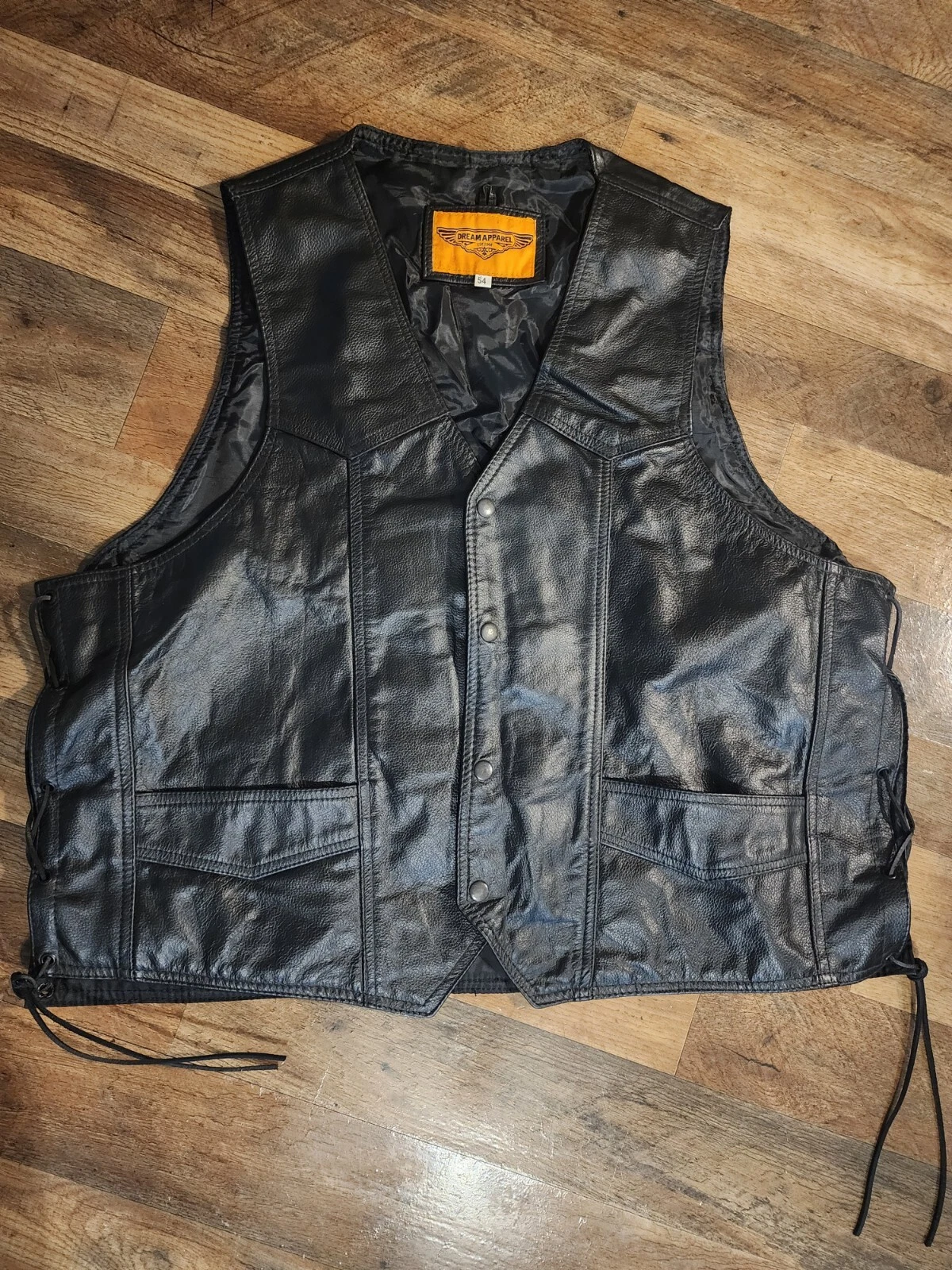 Dream Apparel Leather Motorcycle Vest Men's 2XL Lace Sides Snap Button VTG